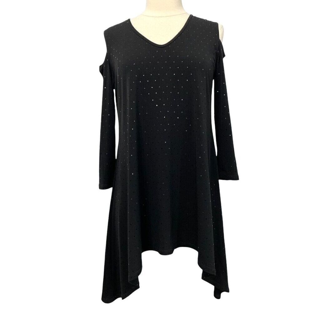 Clara Sun Woo Black Cold Shoulder Tunic Sparkle Evening Festive Stretch Size XS